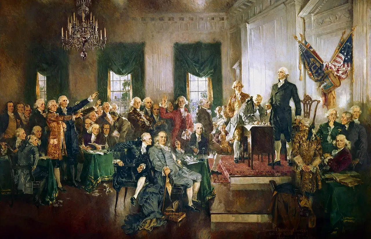 Howard Chandler Christy's painting "Scene at the Signing of the Constitution of the United States," showing delegates in Philadelphia in 1787.