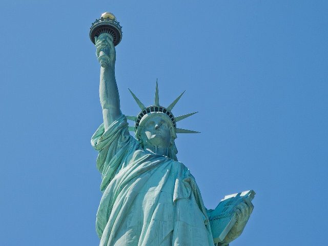 The Statue of Liberty in New York Harbor; the pedestal she stands on had its cornerstone laid on August 5, 1884.