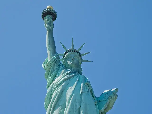 The Statue of Liberty in New York Harbor; the pedestal she stands on had its cornerstone laid on August 5, 1884.