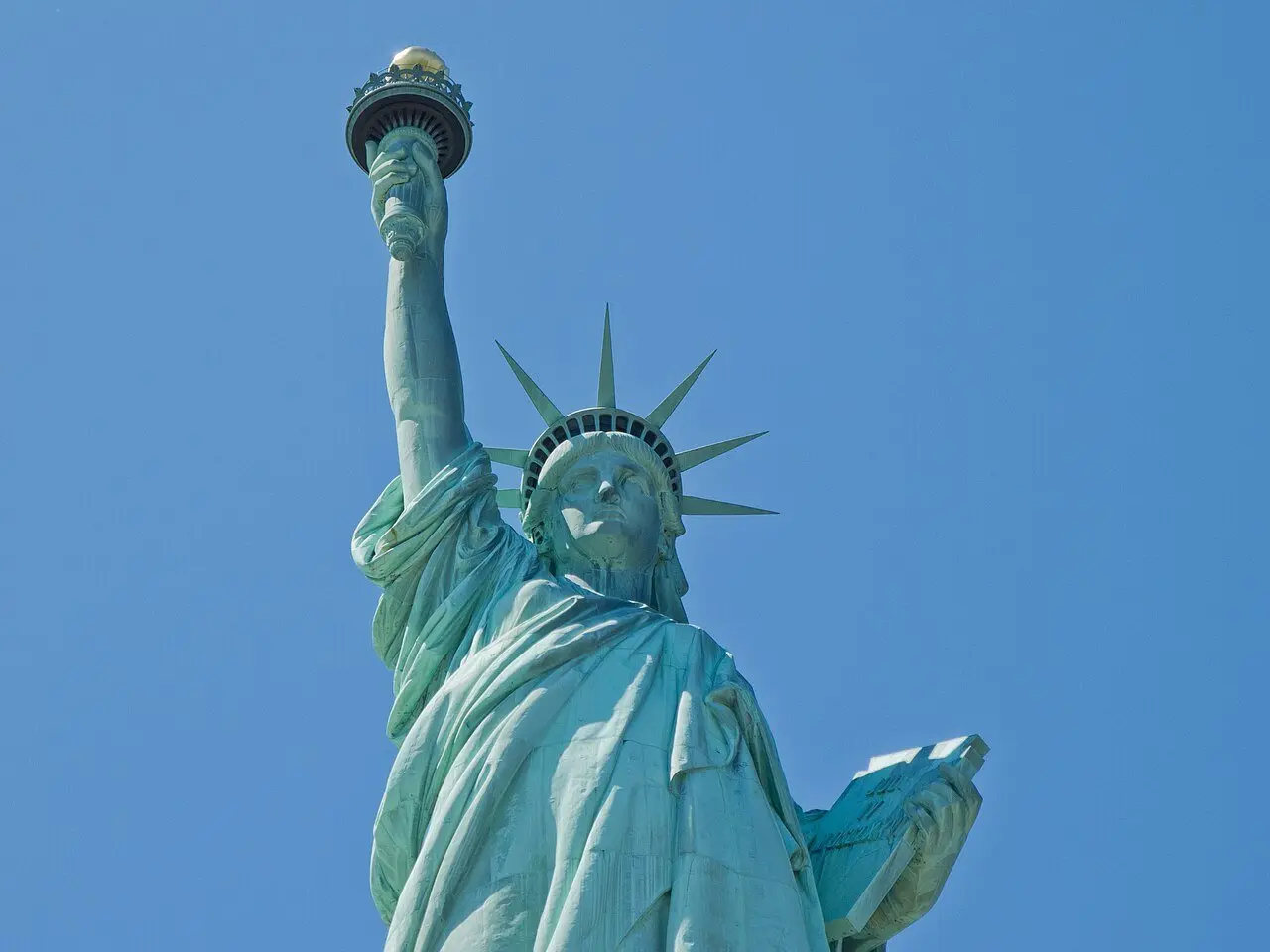 The Statue of Liberty in New York Harbor; the pedestal she stands on had its cornerstone laid on August 5, 1884.