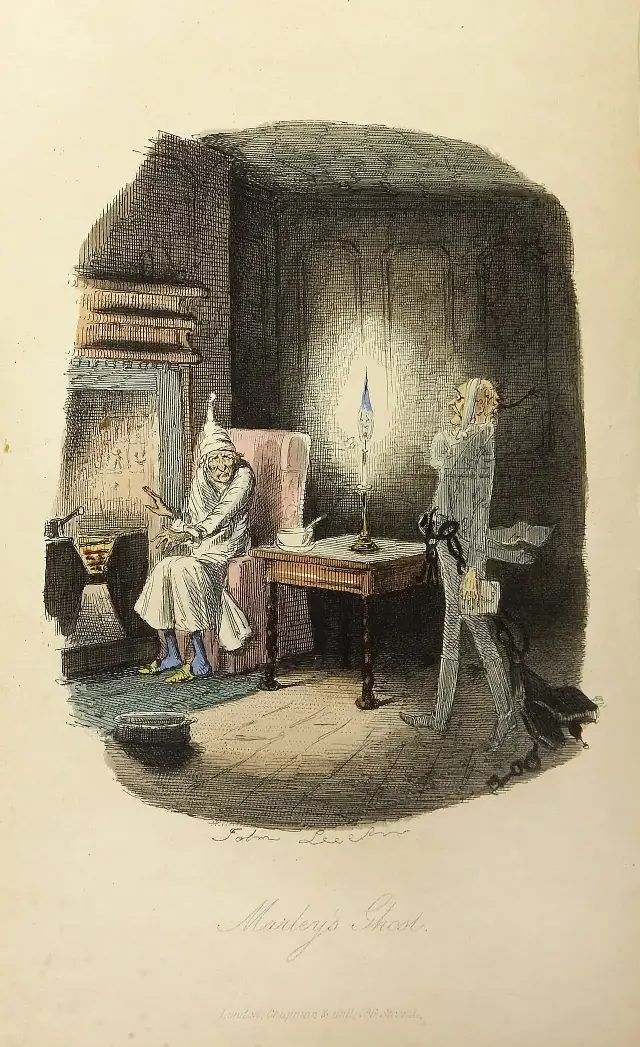 John Leech's 1843 hand-colored illustration of Marley's ghost confronting Scrooge, from the first edition of A Christmas Carol