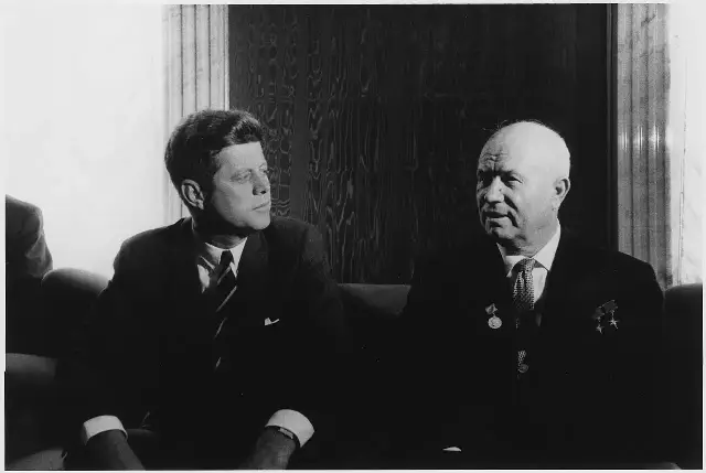 President John F. Kennedy and Soviet leader Nikita Khrushchev at the Vienna summit in 1961, two years before their countries signed the Hot Line Agreement.