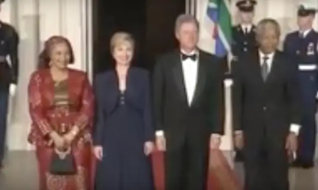 Nelson Mandela with Bill and Hillary Clinton at a White House state dinner in his honor, October 1994 (a few months after his inauguration).
