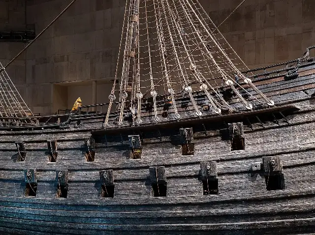 The preserved 17th-century warship Vasa on display in the Vasa Museum in Stockholm.
