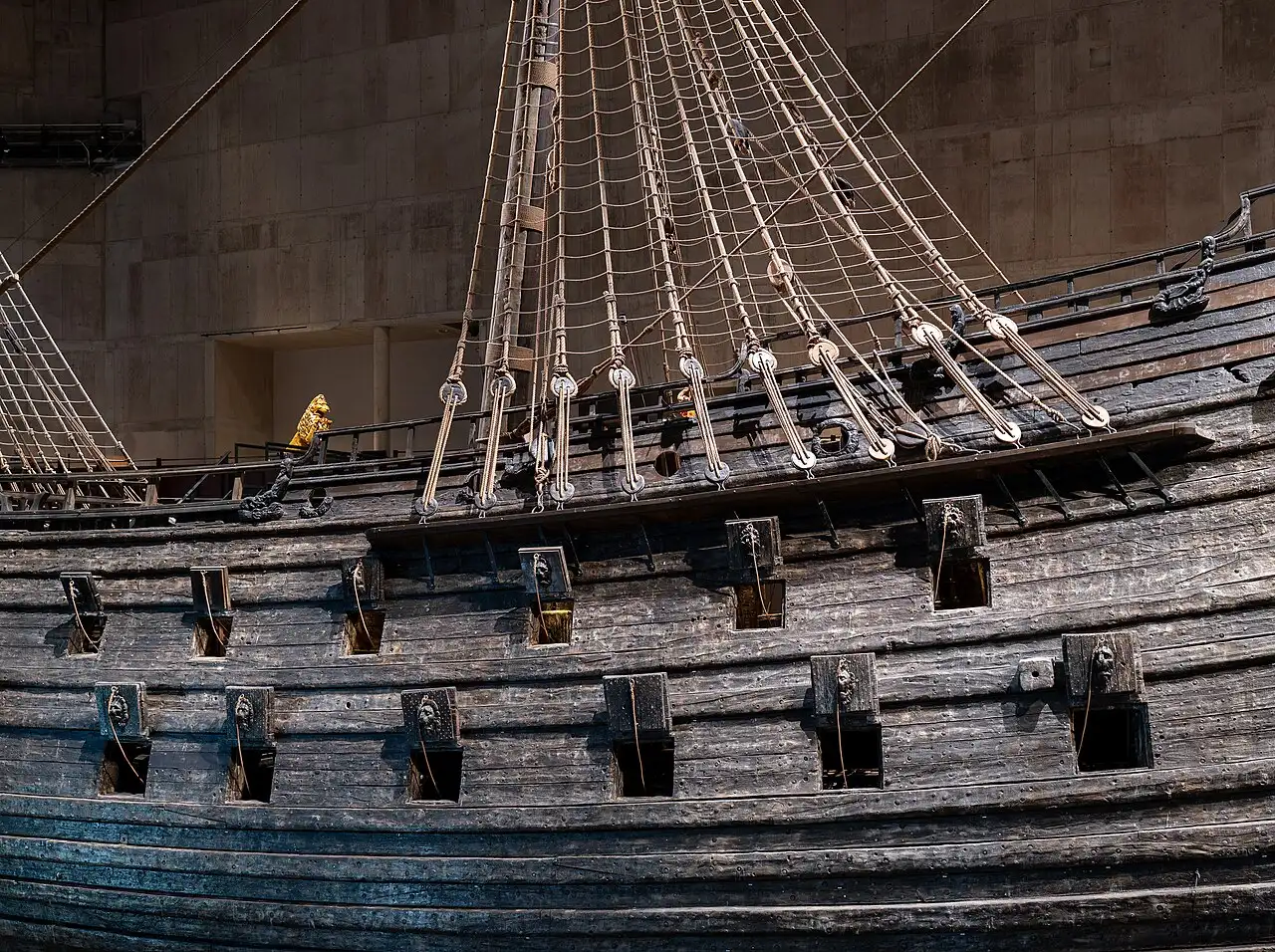 The preserved 17th-century warship Vasa on display in the Vasa Museum in Stockholm.