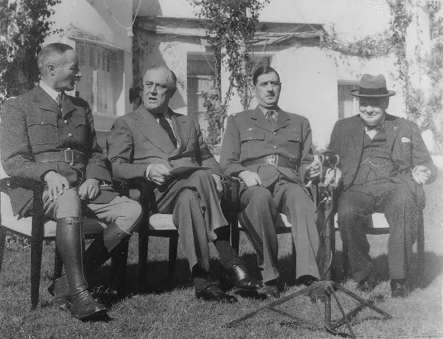 French Generals Henri Giraud and Charles de Gaulle with President Franklin D. Roosevelt and Prime Minister Winston Churchill at the Casablanca Conference, January 1943