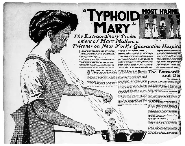 A 1909 American newspaper illustration depicting Mary Mallon, labeled "Typhoid Mary."