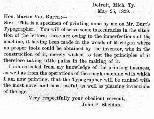 The first letter typed on William Austin Burt's typographer, May 25, 1829.