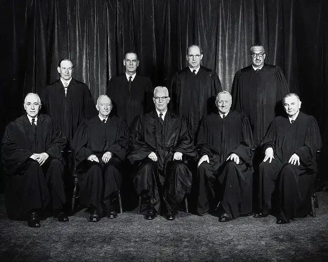 The official 1967–69 Warren Court portrait, with newly confirmed Justice Thurgood Marshall standing at back right.