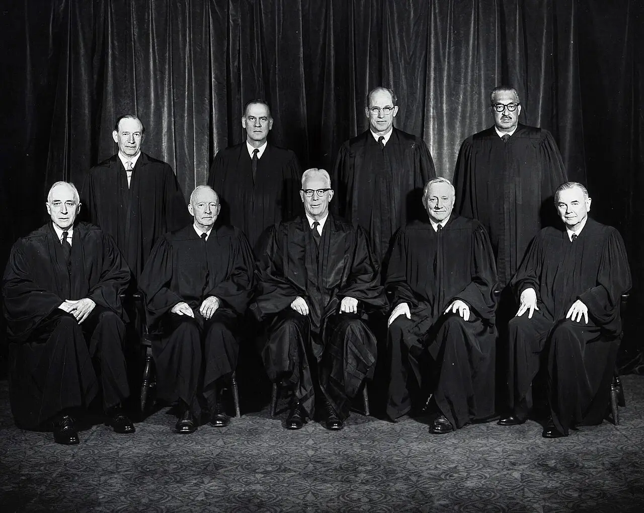 The official 1967–69 Warren Court portrait, with newly confirmed Justice Thurgood Marshall standing at back right.