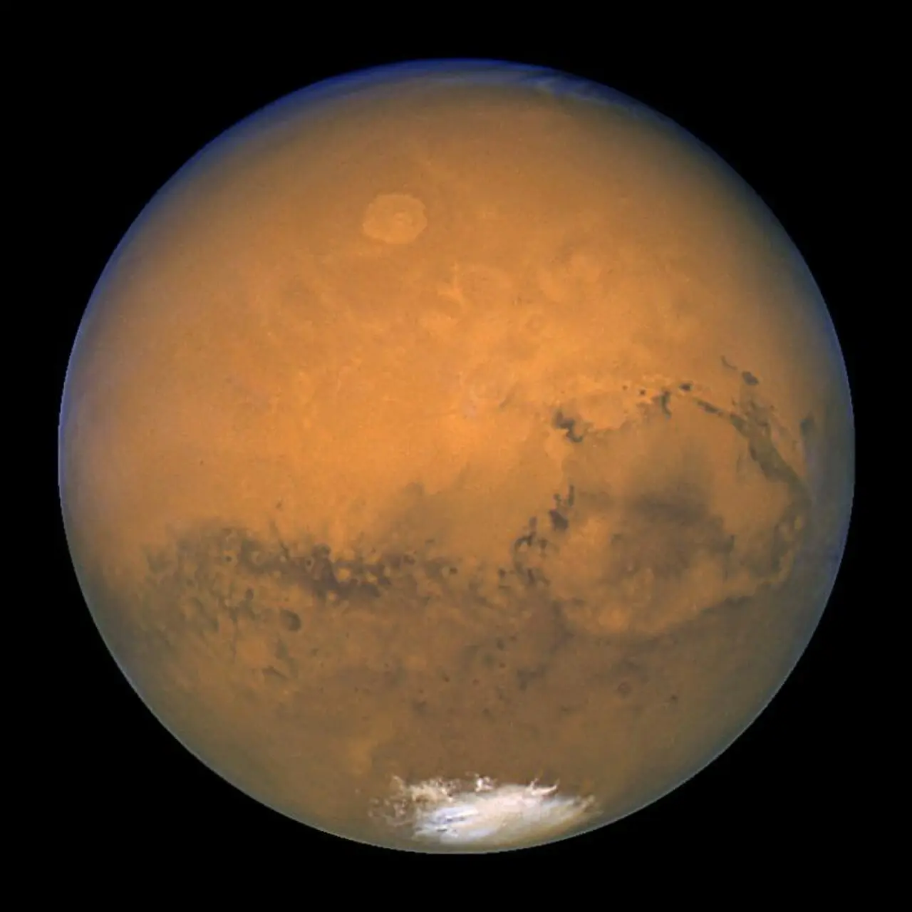 The Hubble Space Telescope's view of Mars on August 27, 2003, during its closest approach to Earth in nearly 60,000 years.