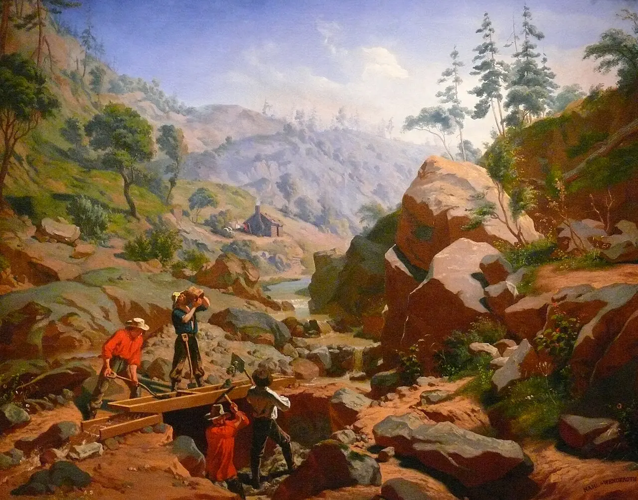 Charles Christian Nahl and Frederick August Wenderoth's 1851-52 painting Miners in the Sierras, showing California gold miners working a sluice in a rocky canyon