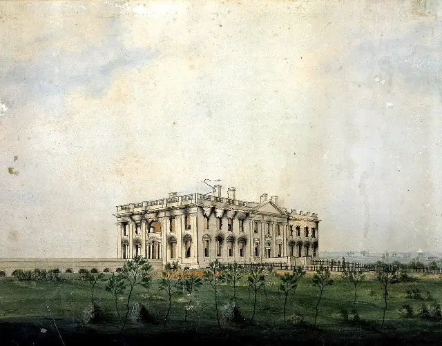 George Munger's 1814–1815 watercolor of the President's House, its windows blackened from the fire set by British troops on August 24, 1814.