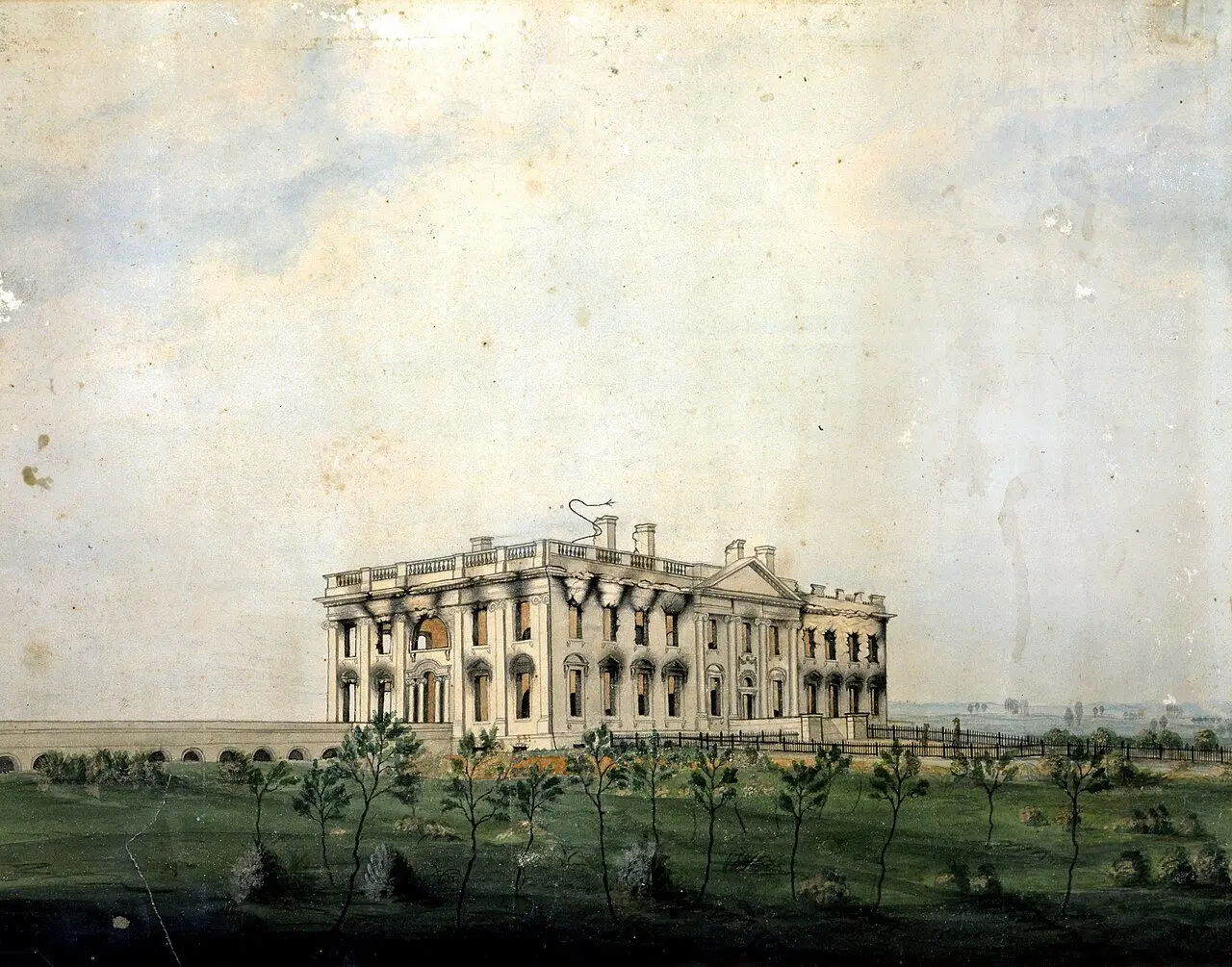 George Munger's 1814–1815 watercolor of the President's House, its windows blackened from the fire set by British troops on August 24, 1814.
