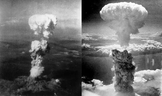 Atomic mushroom clouds rising over Japan in August 1945; the bombing of Hiroshima on August 6 killed an estimated 140,000 people by the end of the year.