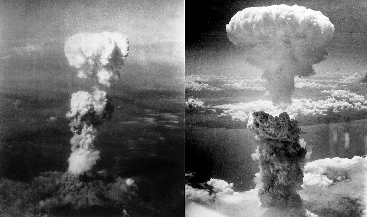 Atomic mushroom clouds rising over Japan in August 1945; the bombing of Hiroshima on August 6 killed an estimated 140,000 people by the end of the year.