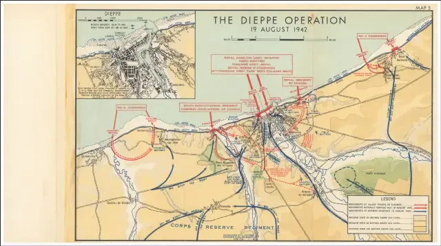 A 1942 Canadian Army operational map of the Dieppe Raid showing planned and actual Allied movements.