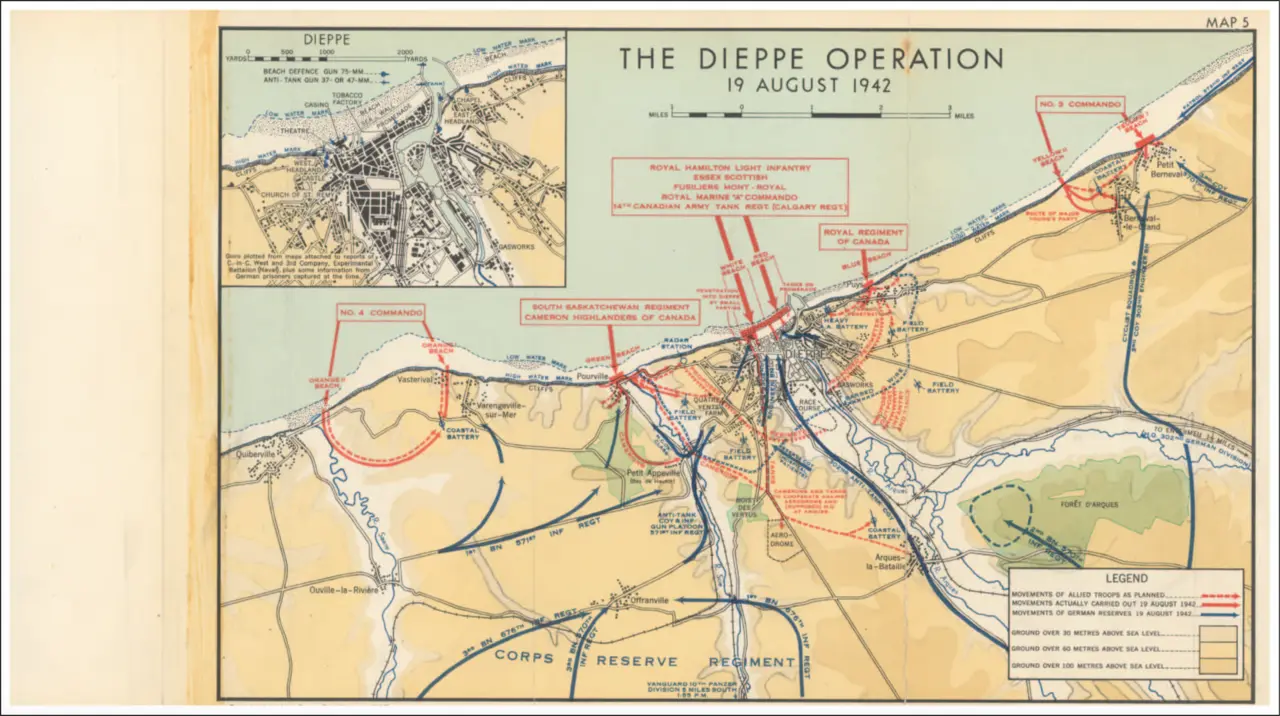 A 1942 Canadian Army operational map of the Dieppe Raid showing planned and actual Allied movements.