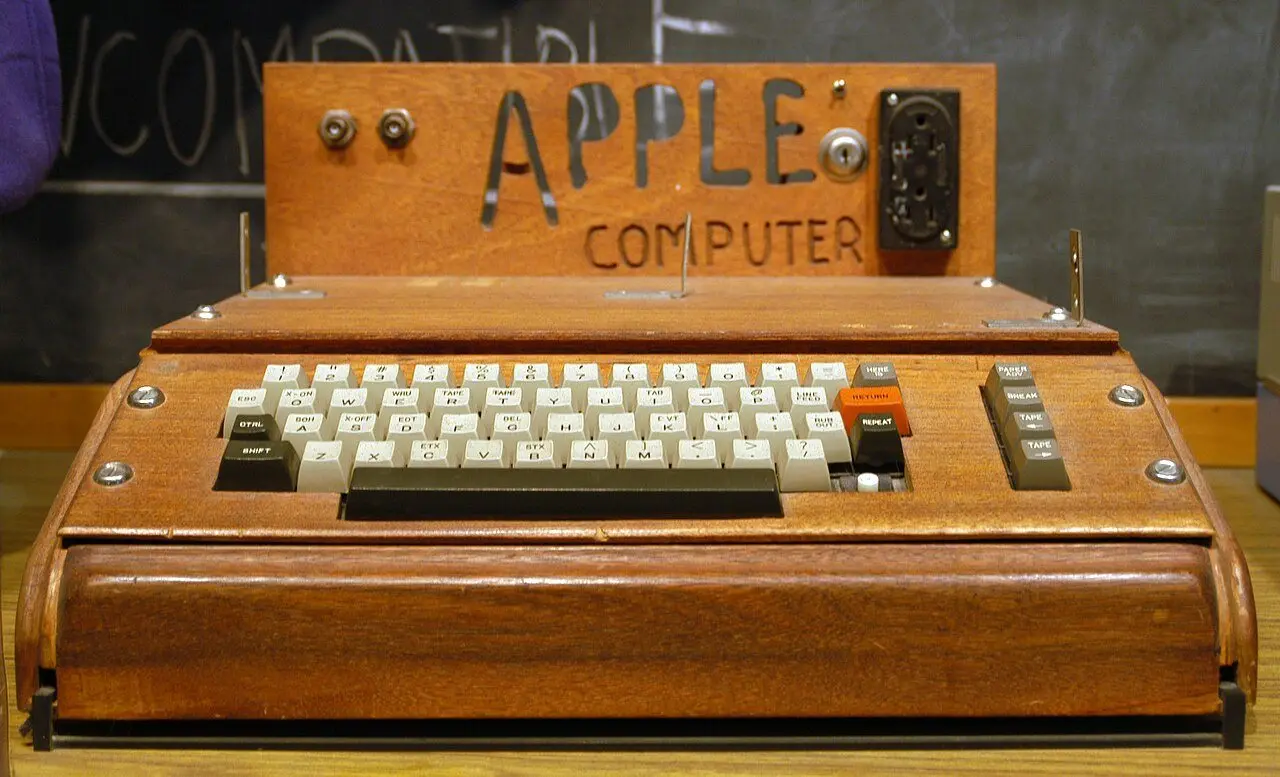 A surviving Apple I computer on display — the model Apple sold in 1976.