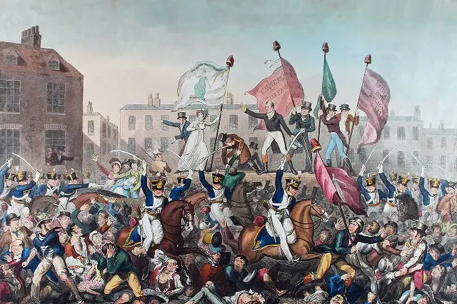 Richard Carlile's 1819 print depicting cavalry charging the crowd at Peterloo.