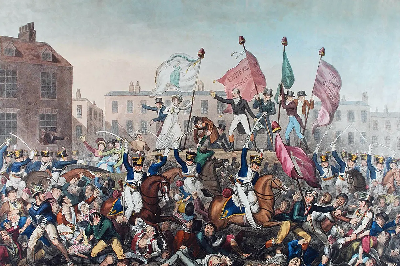 Richard Carlile's 1819 print depicting cavalry charging the crowd at Peterloo.