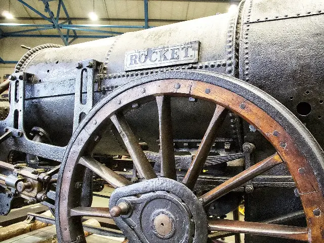 Close-up of Stephenson's Rocket, the pioneering 1829 steam locomotive, on display at the National Railway Museum in York